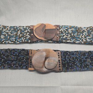 Pair of 1990's Wide Elastic Beaded Belt w/ Wood Clasp Stretch Boho Hippie